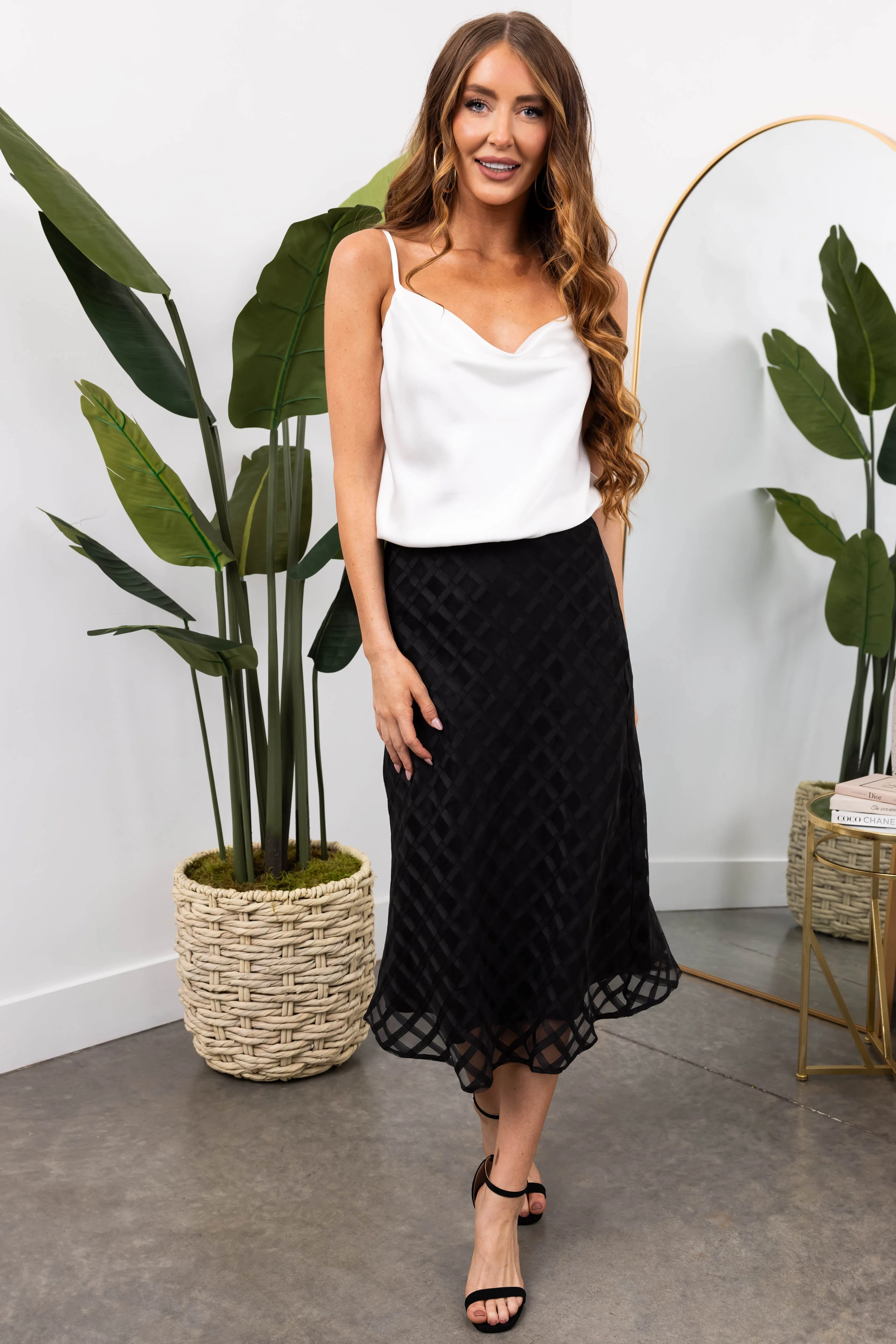 She Sky Black Windowpane Organza Midi Skirt