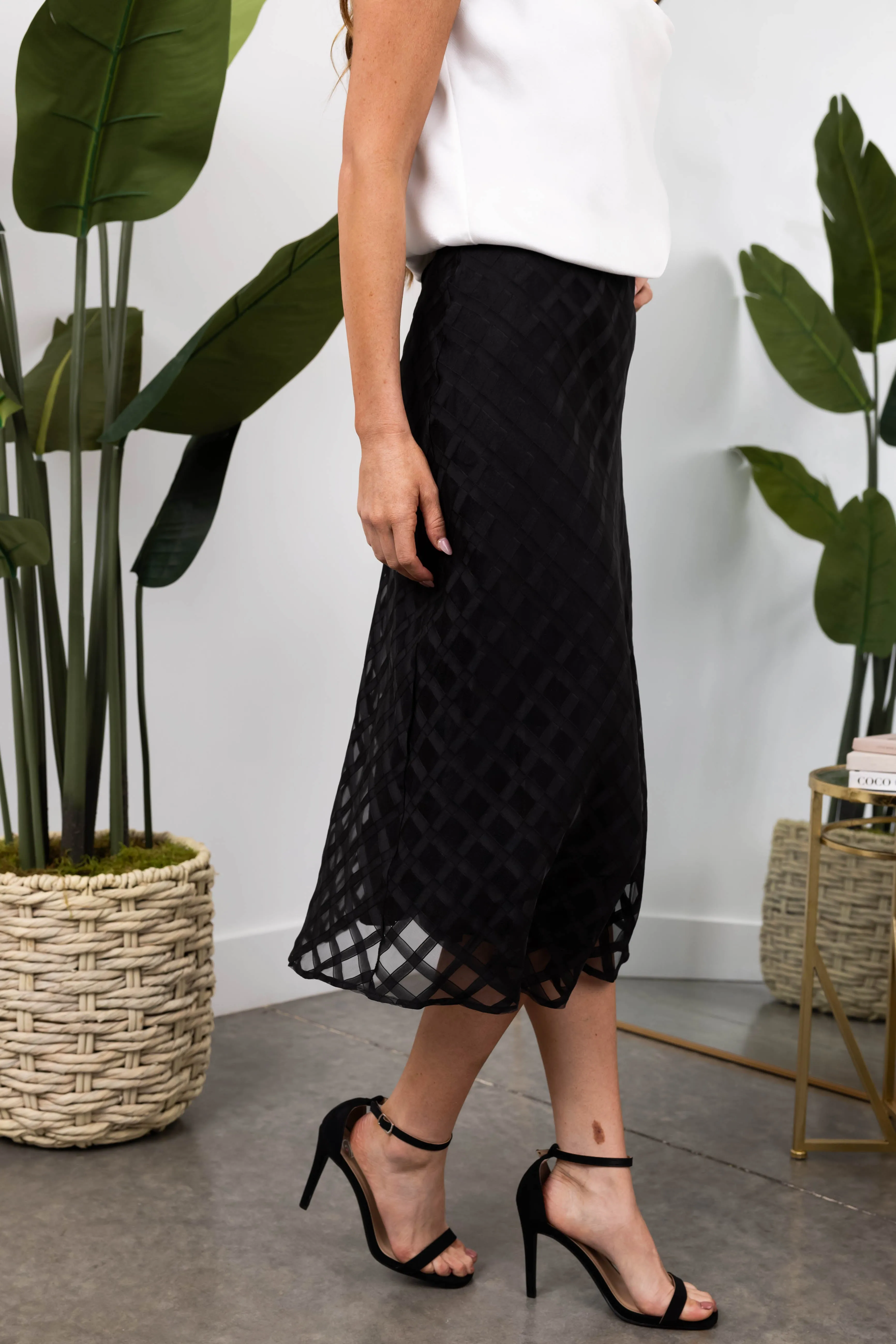 She Sky Black Windowpane Organza Midi Skirt