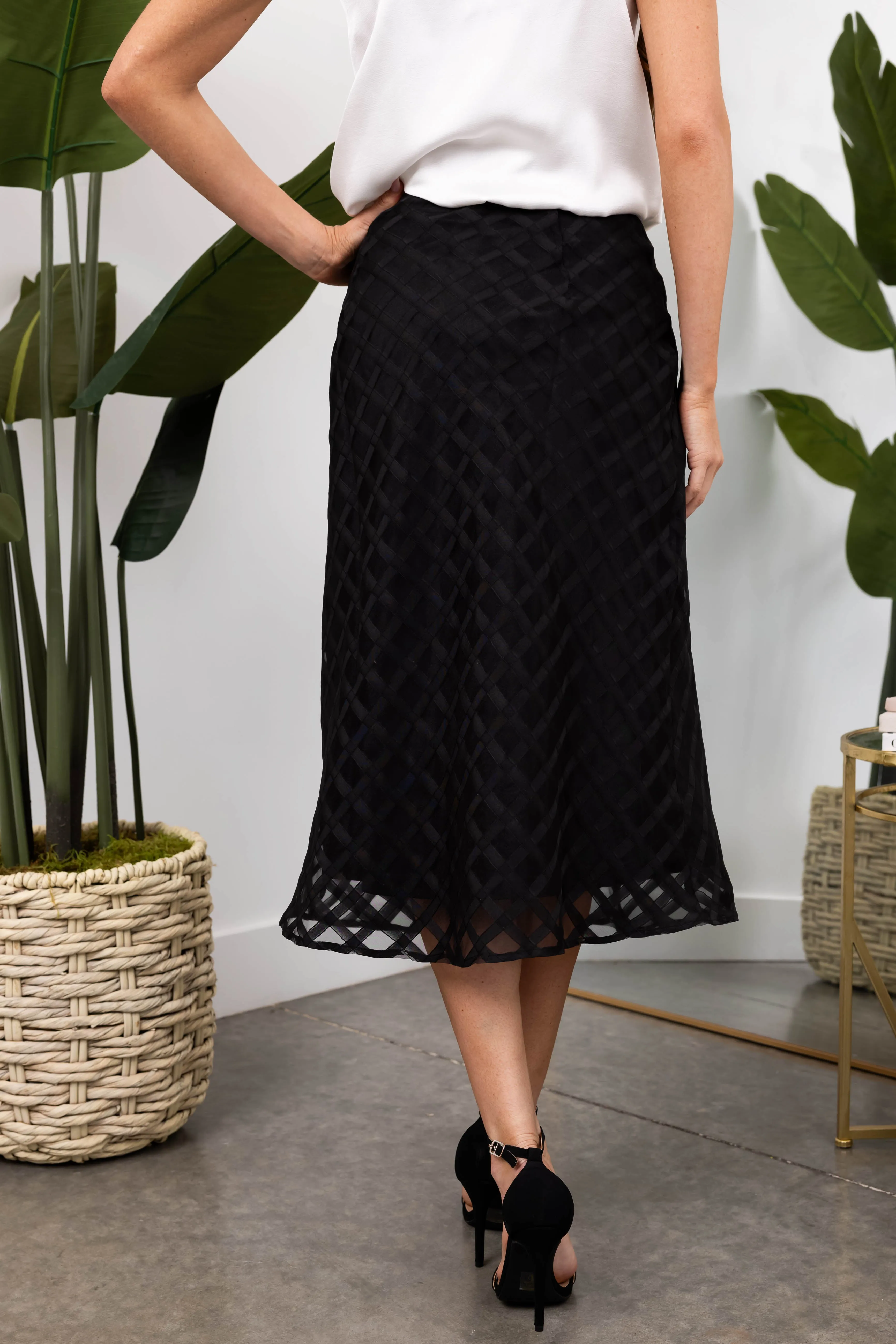 She Sky Black Windowpane Organza Midi Skirt