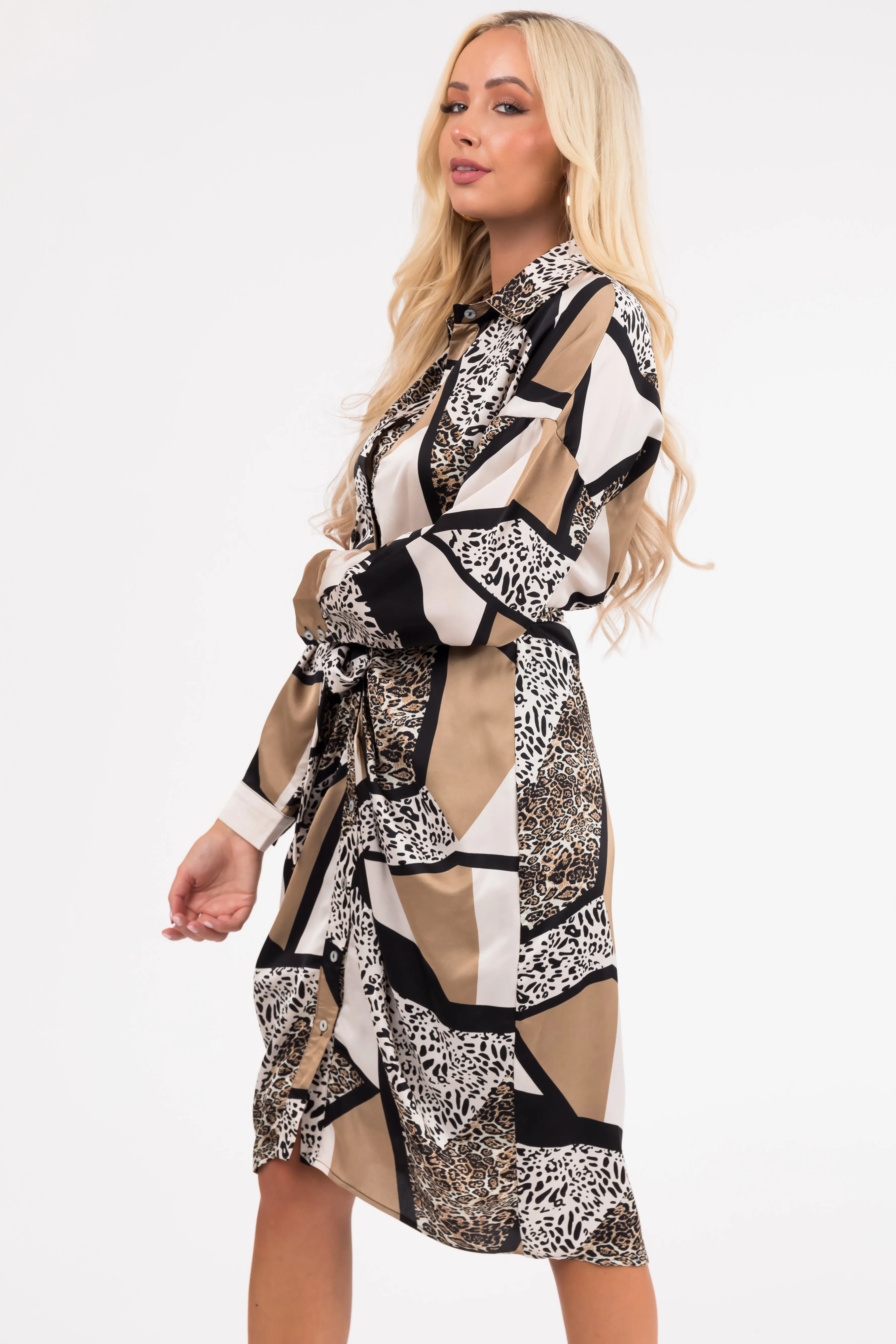 She Sky Champagne Multiprint Button Down Midi Dress