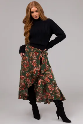 She Sky Forest Green Floral Print Midi Skirt