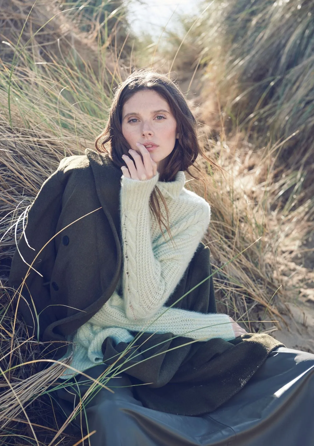 Silk Cashmere Cable Polo Neck Sweater in Pistachio Green