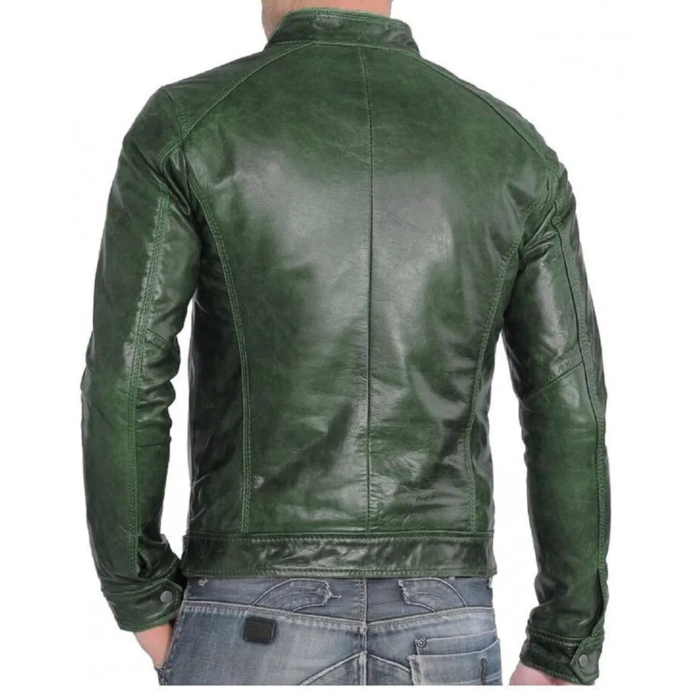 Slim Fit Green Leather Zipper Up Jacket