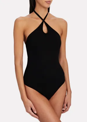 Stretch Silk Knit Keyhole Halter Bodysuit - Black