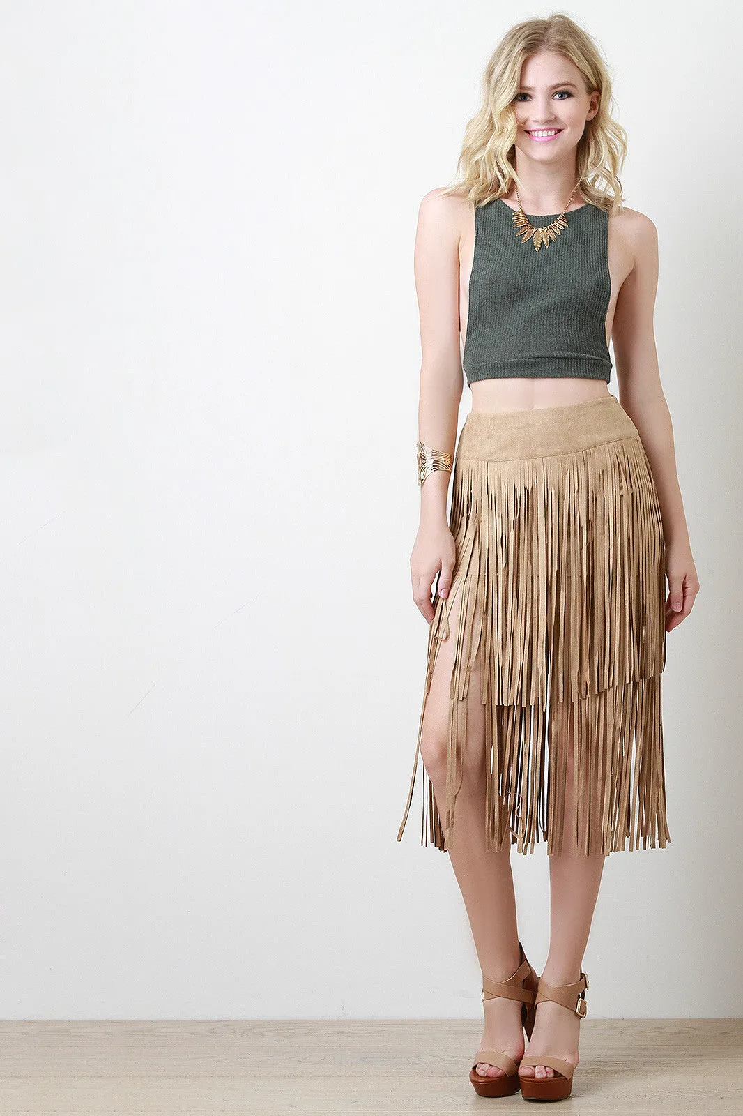 Suede Double Layer Fringe Midi Skirt