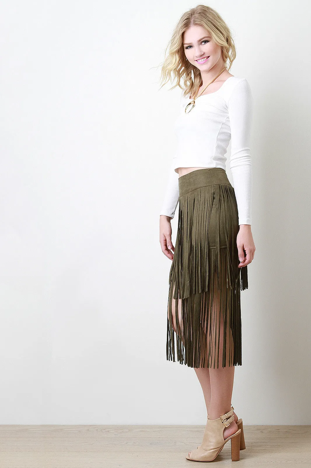 Suede Double Layer Fringe Midi Skirt