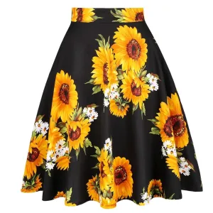 Sunflower Summer Pleated Skirts Womans Saias Midi Faldas 50s 1950s Vintage Women Big Swing Housewife Rockabilly Party Skirt