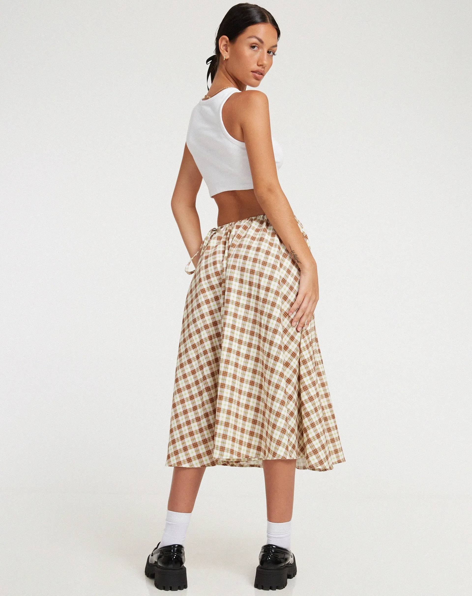 Takara Midi Skirt in Yellow and Brown Check