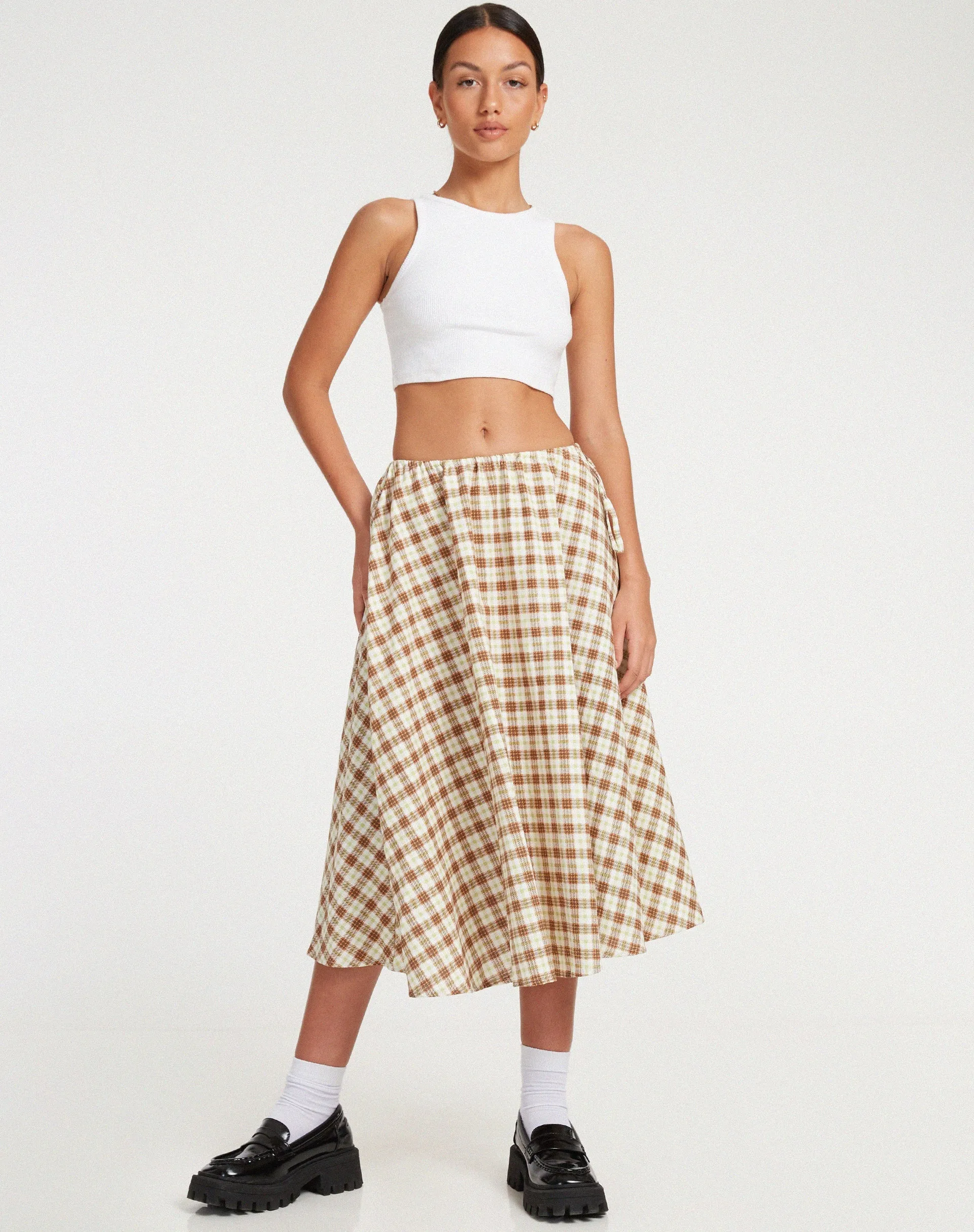 Takara Midi Skirt in Yellow and Brown Check