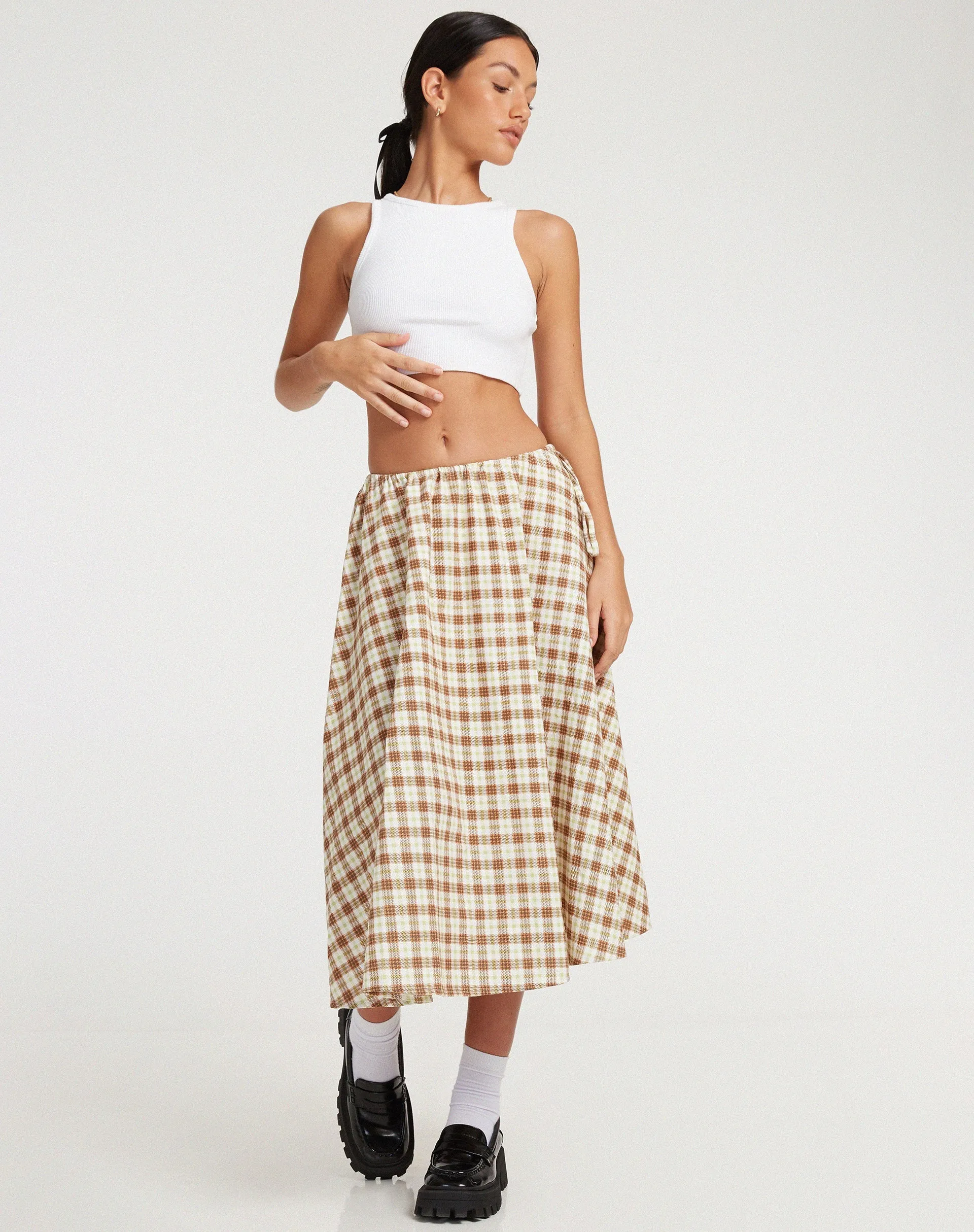 Takara Midi Skirt in Yellow and Brown Check