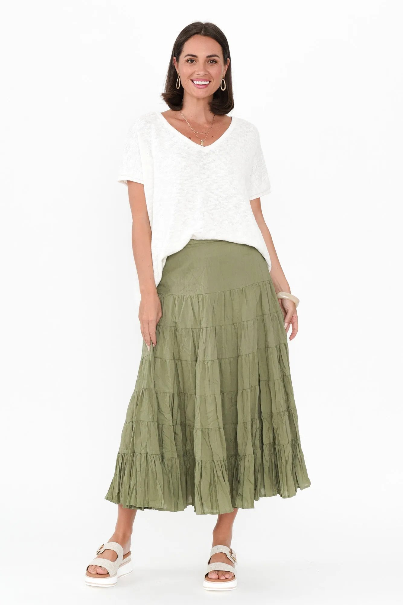 Taurus Khaki Cotton Tiered Skirt