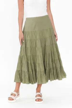 Taurus Khaki Cotton Tiered Skirt