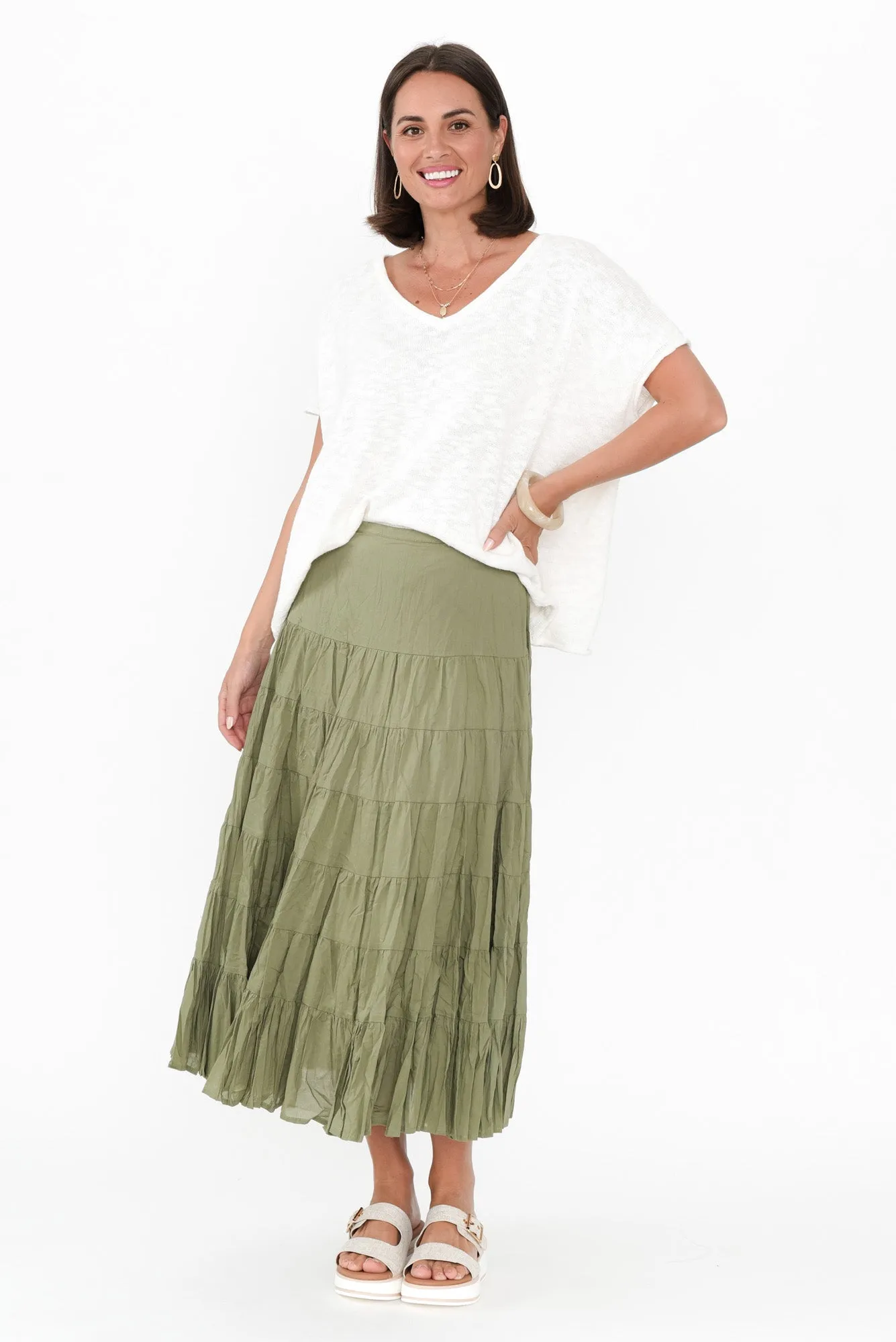 Taurus Khaki Cotton Tiered Skirt