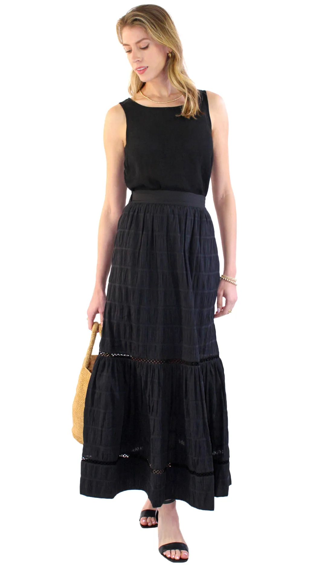 Tiered Crinkle Midi Skirt - Black