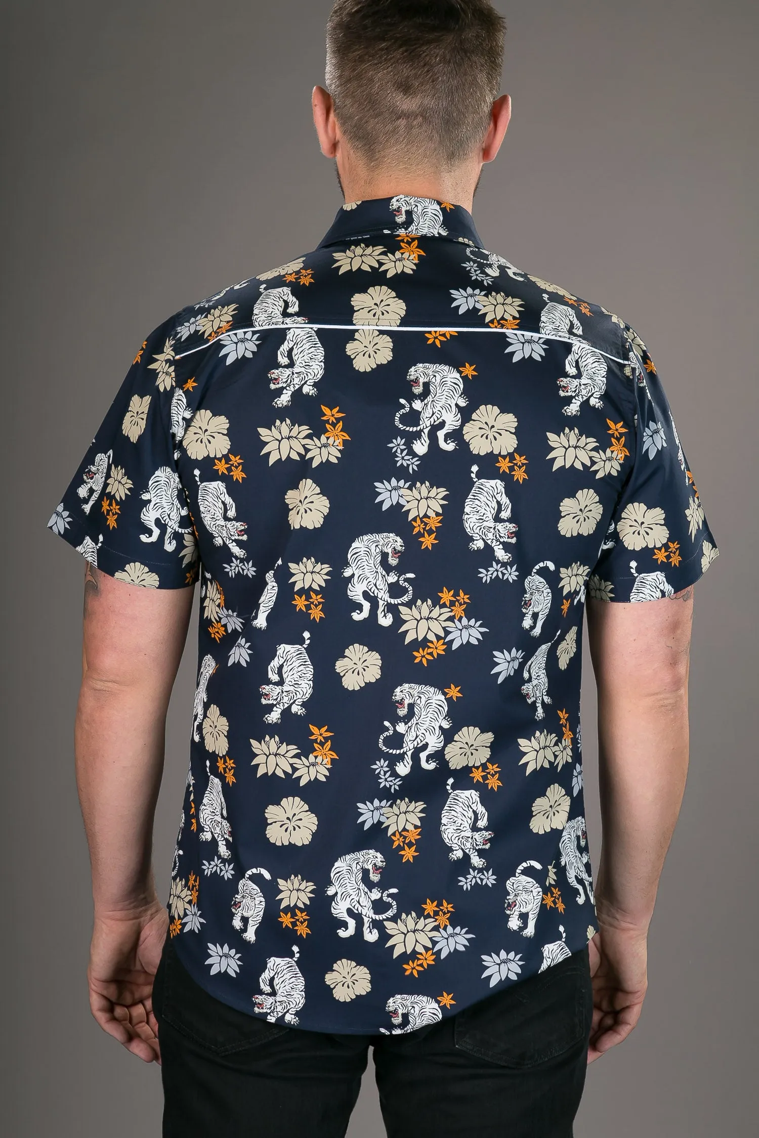 Tigers Floral Print Blue Cotton Slim-Fit Short-Sleeve Mens Shirt