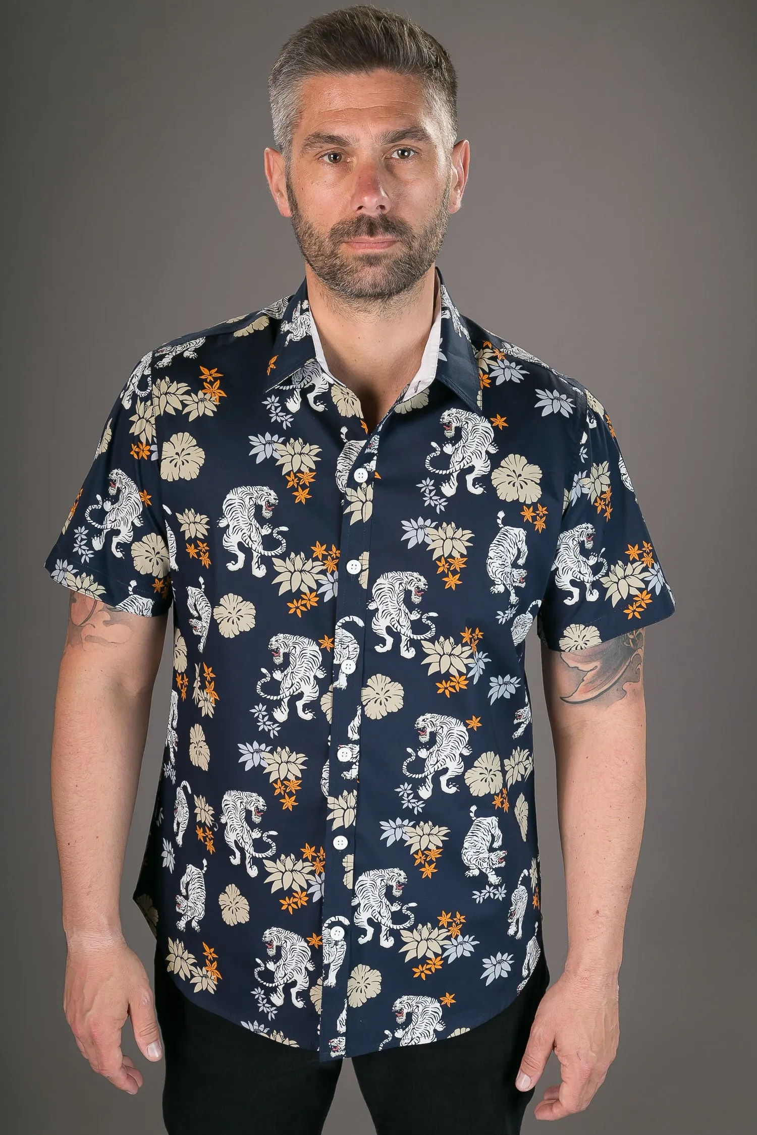 Tigers Floral Print Blue Cotton Slim-Fit Short-Sleeve Mens Shirt