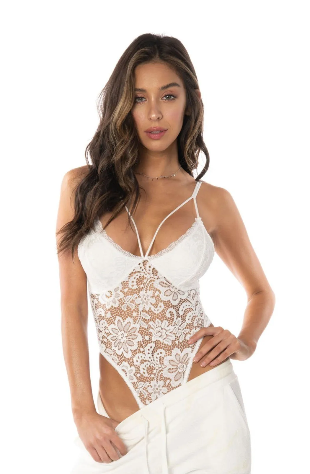 Tropical Orchid Lace Bodysuit White