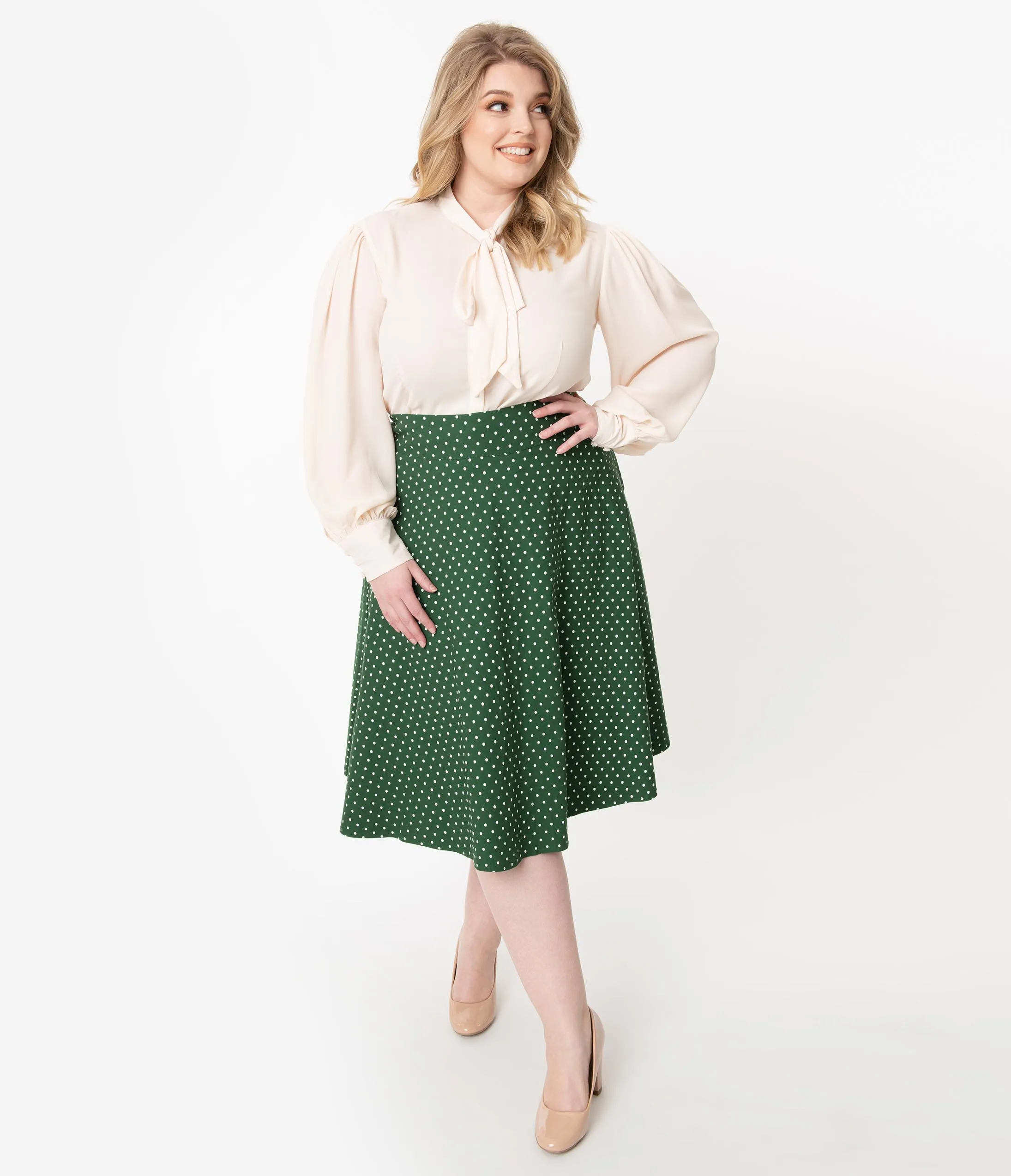 Unique Vintage Plus Size Retro Green & White Polka Dot Vivien Swing Skirt