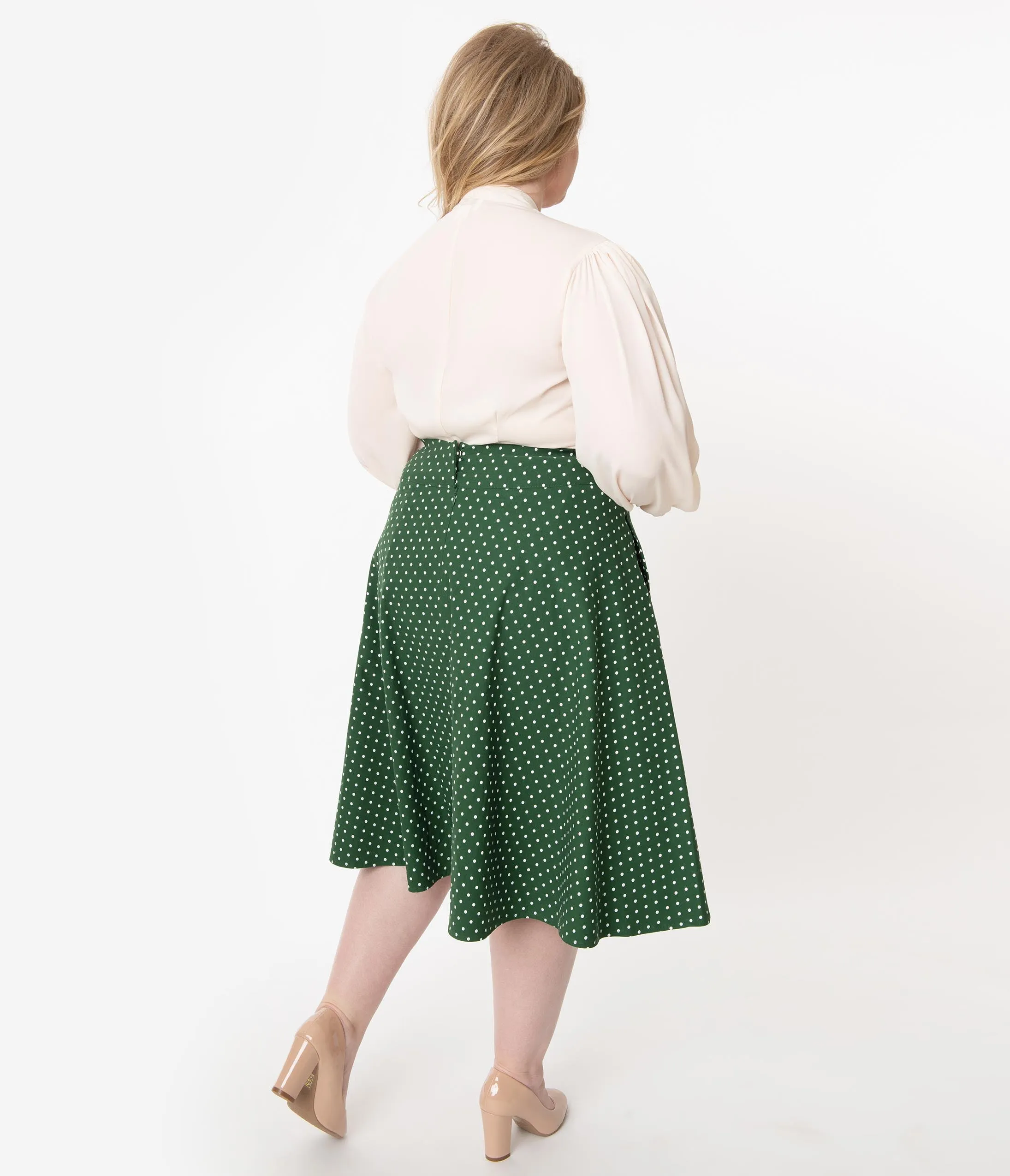 Unique Vintage Plus Size Retro Green & White Polka Dot Vivien Swing Skirt