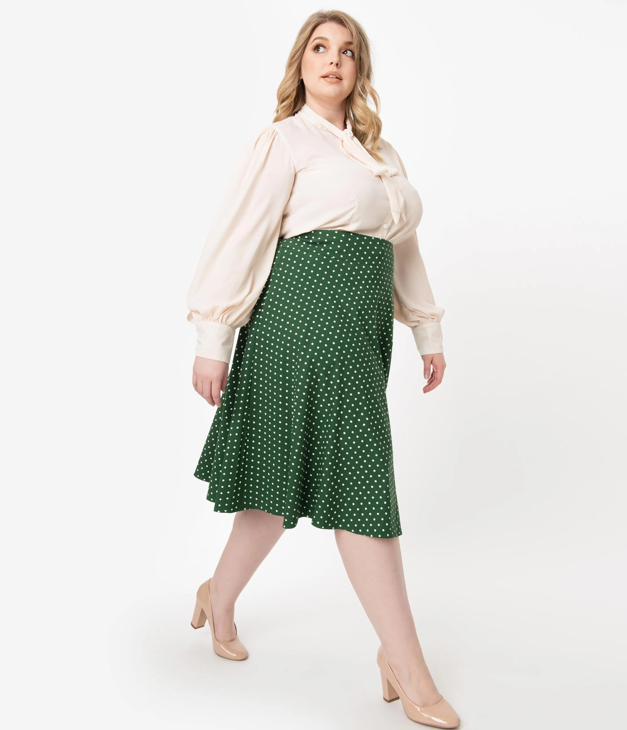 Unique Vintage Plus Size Retro Green & White Polka Dot Vivien Swing Skirt