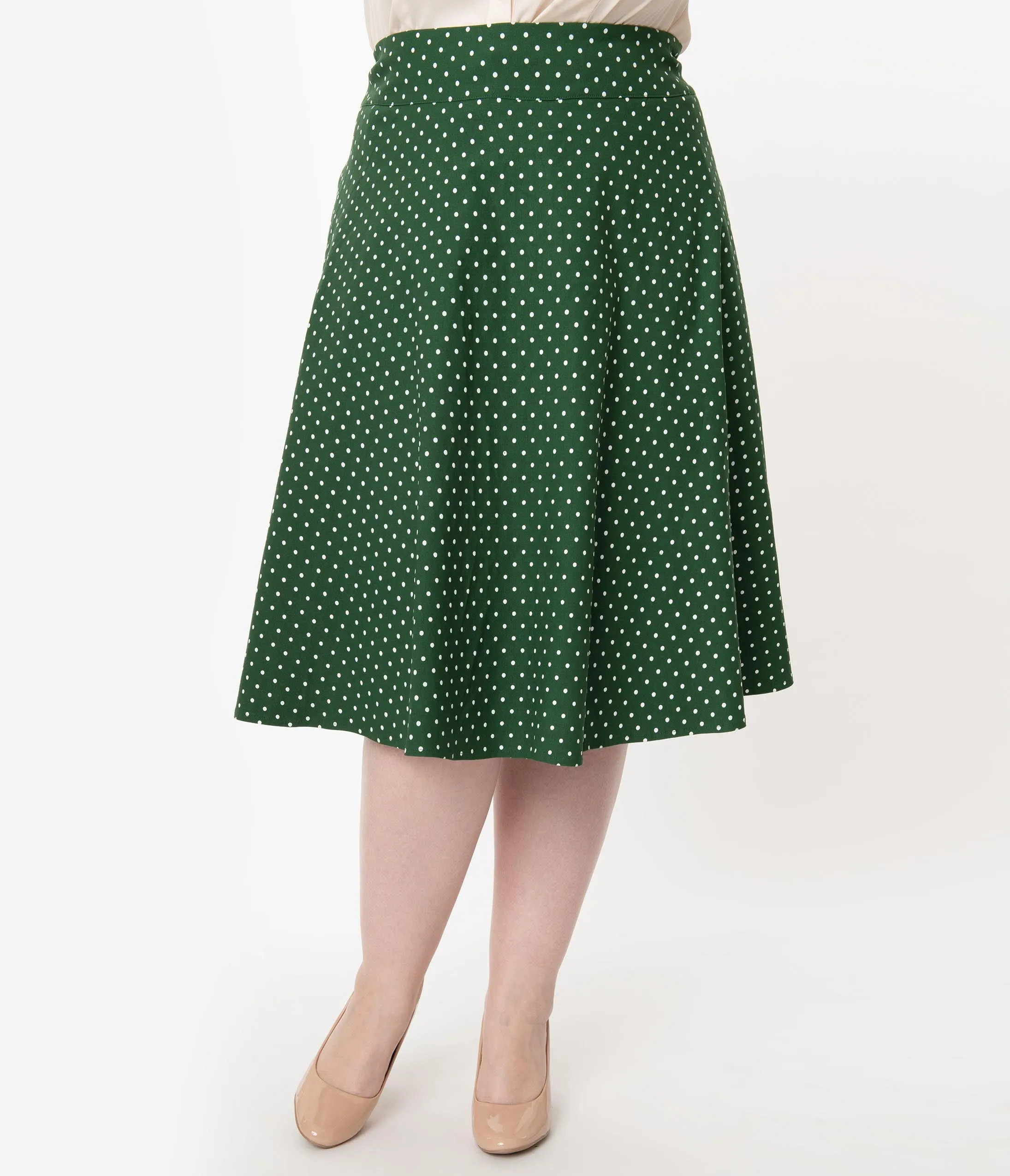 Unique Vintage Plus Size Retro Green & White Polka Dot Vivien Swing Skirt