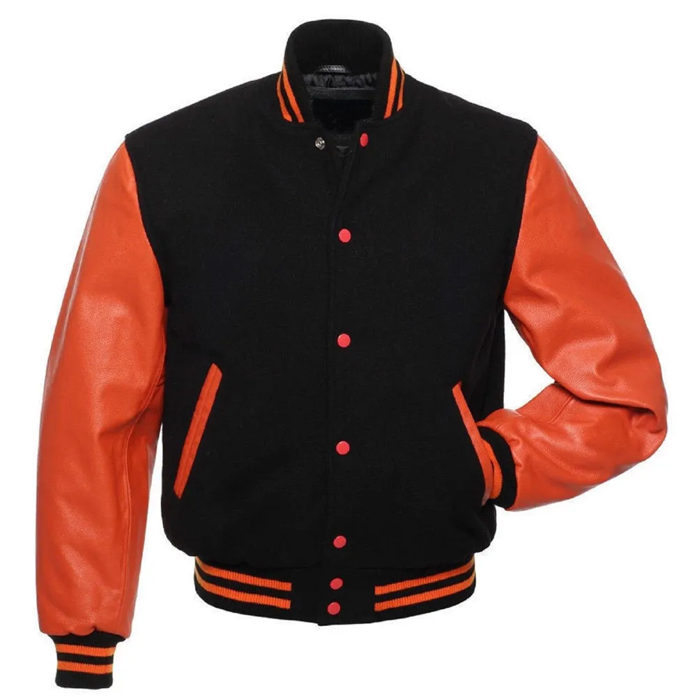 Varsity Black Orange Leather Jacket