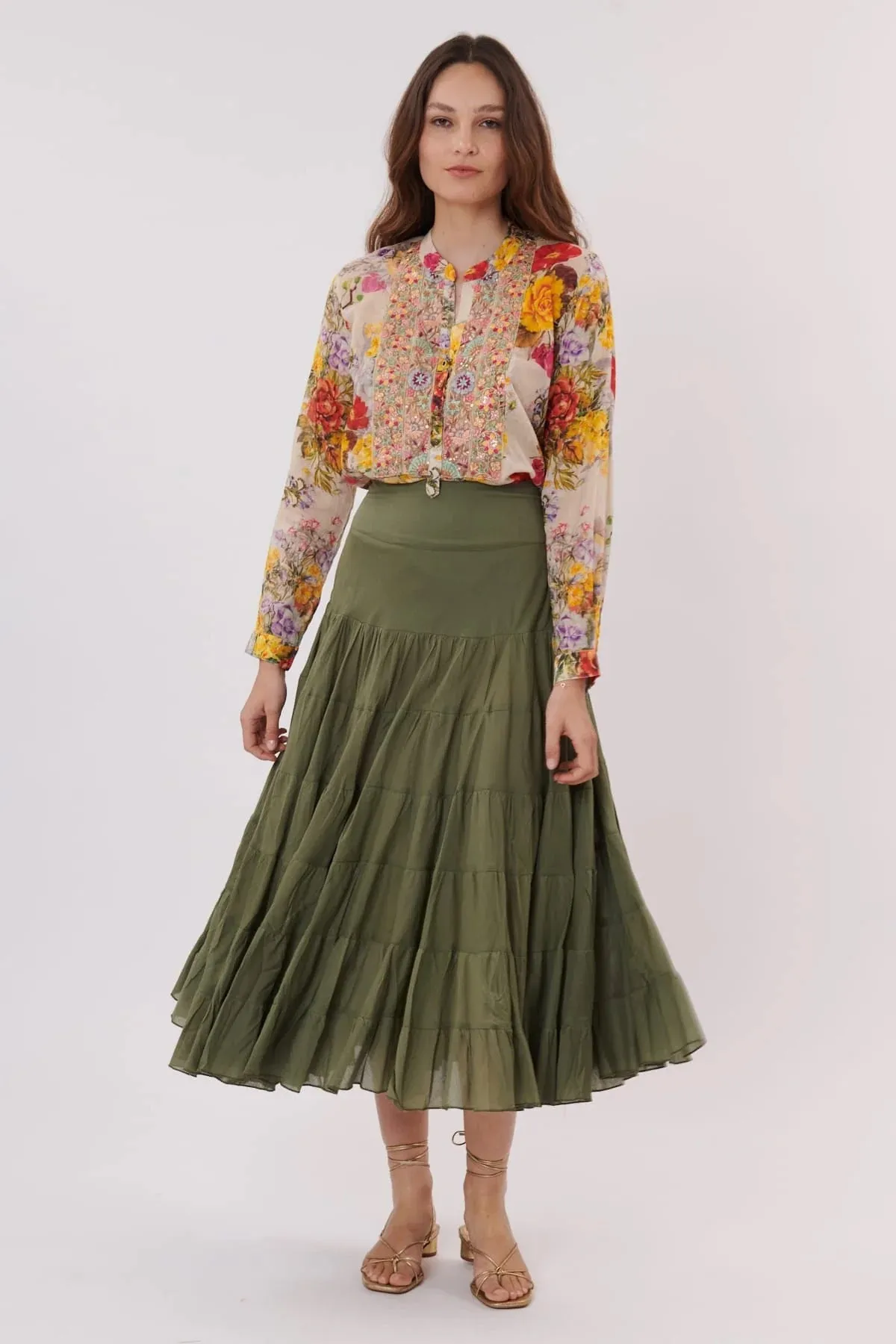 Velma Tiered Midi Skirt- olive