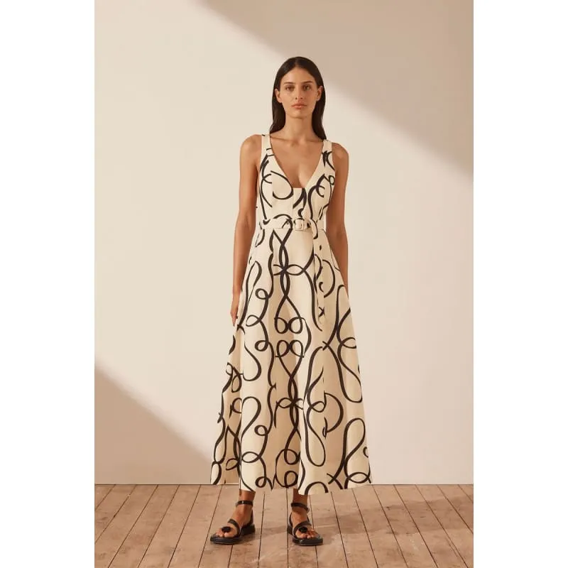 Vietri Linen Plunged Panelled Midi Dress