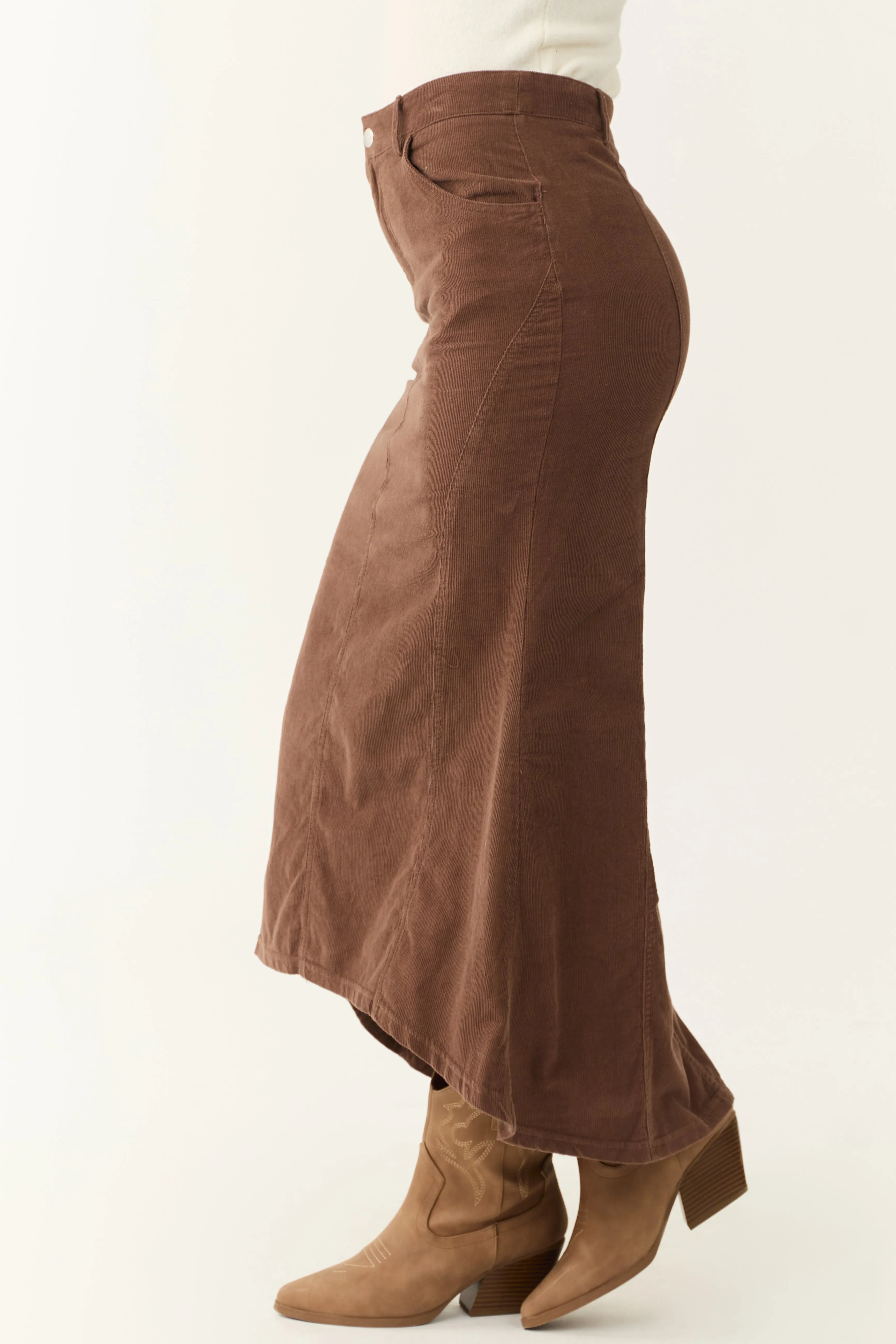 Walnut Corduroy Zip Up Flared Midi Skirt