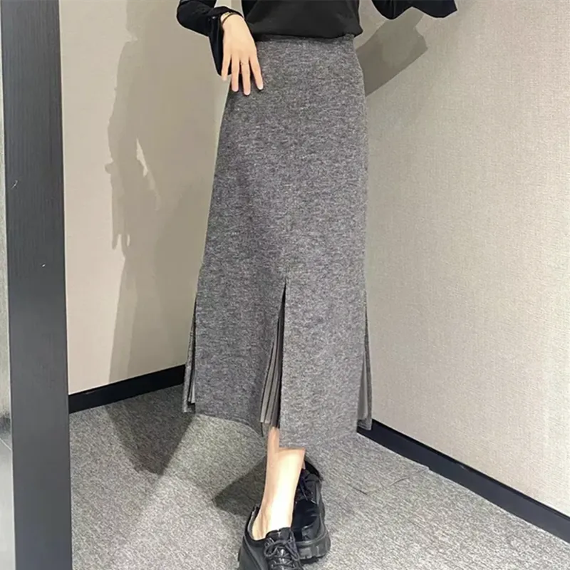 Wenkouban Fall Women's Outfits 2024 Winter New High Waist Pleated Mid-Length over-the-Knee Woolen Split Sheath Skirt for Women