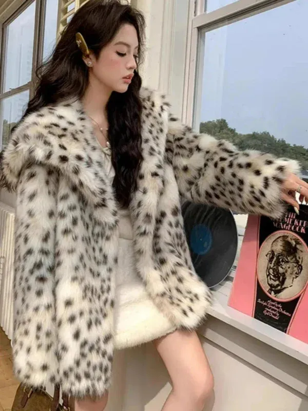 Wenkouban-Winter outfits Christmas Black Friday Lapel Open Stitch Faux Fur Leopard Print Coat