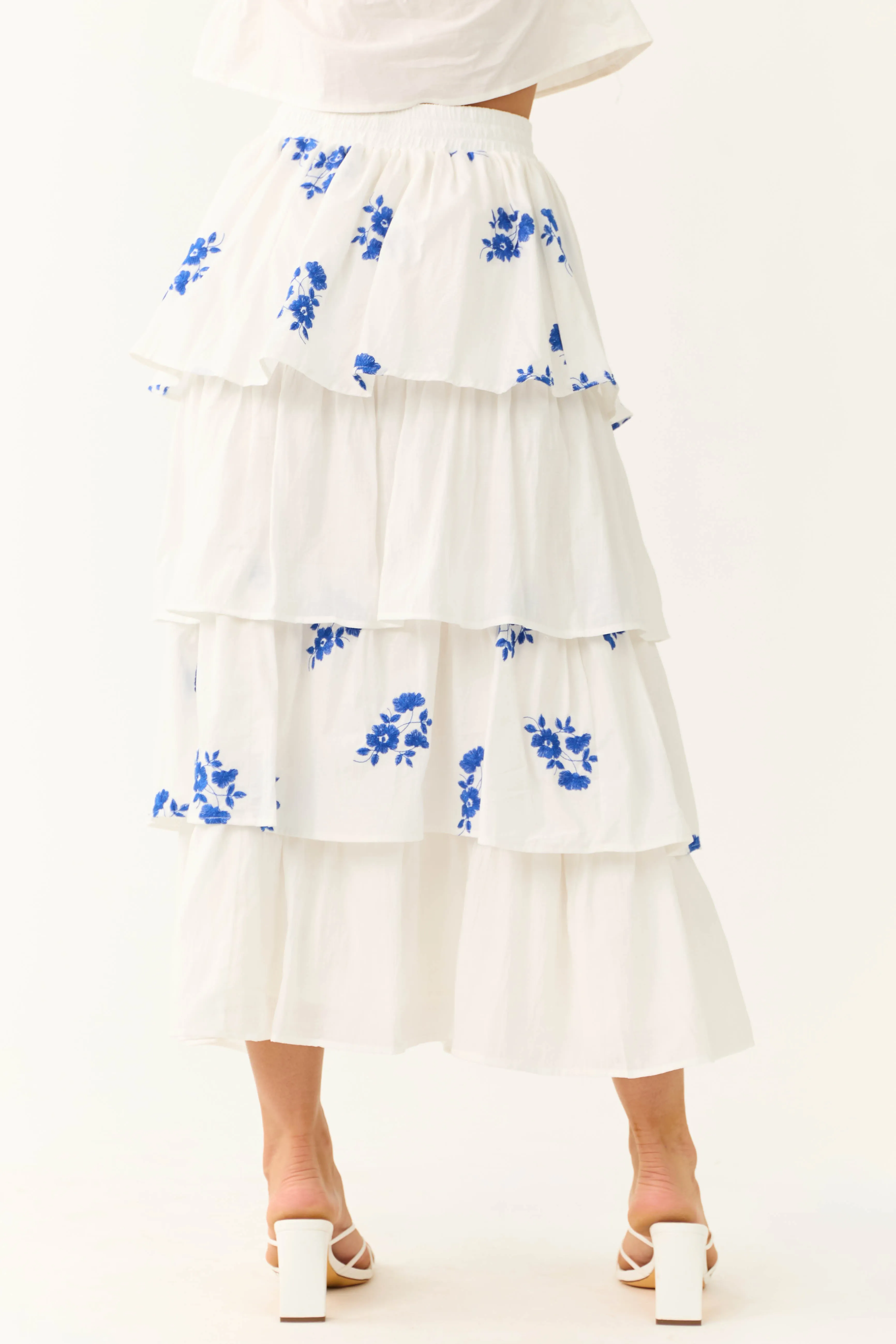 White and Cobalt Floral Embroidered Skirt