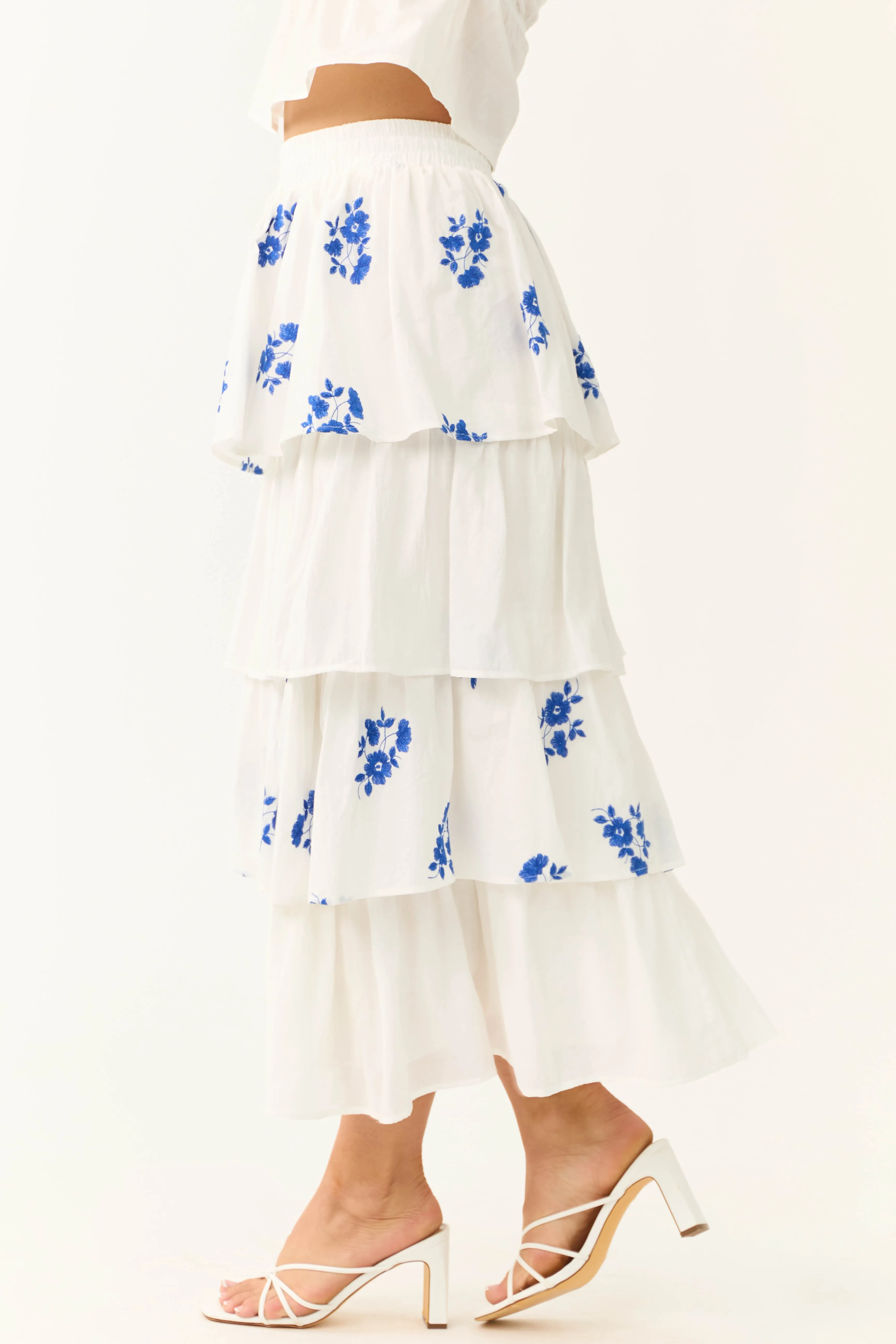 White and Cobalt Floral Embroidered Skirt