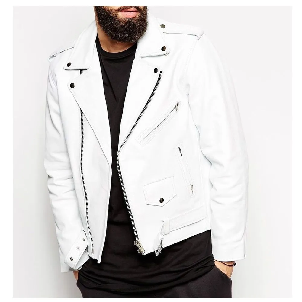 White Heavy Biker Leather Jacket