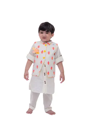 White kurta and churidar with multicolor booties nehru jacket