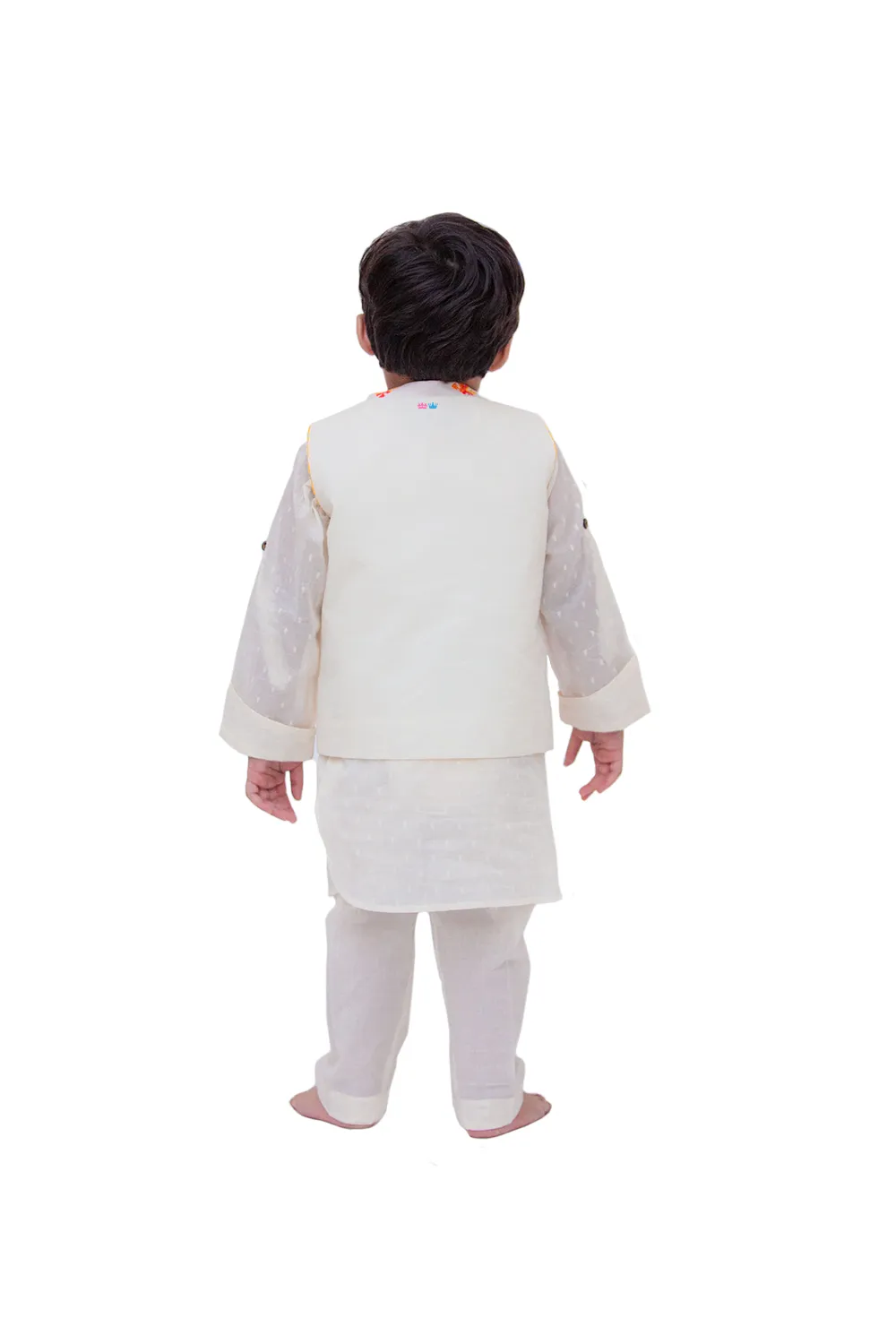 White kurta and churidar with multicolor booties nehru jacket