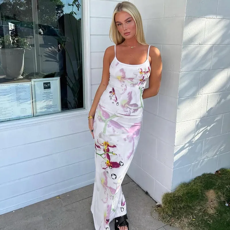 Women Clothing Summer Printed Camisole Slim Fit Maxi Dress Two Piece Set Suit