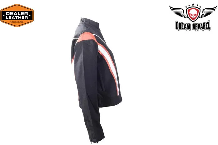 Women's Black Lightweight Racer Style Textile Jacket - Orange/White Strips And Studs