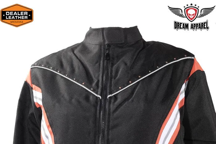 Women's Black Lightweight Racer Style Textile Jacket - Orange/White Strips And Studs