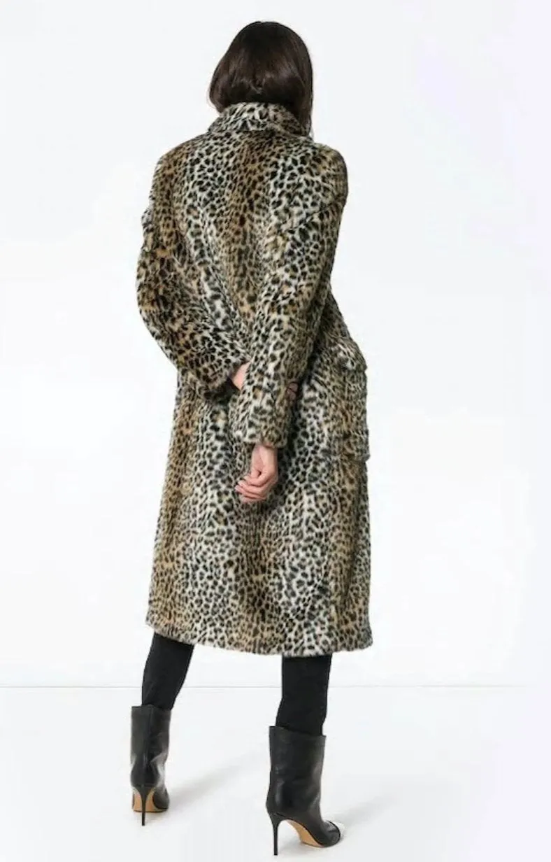 Womens Faux Fur Leopard Long Coat with Pockets