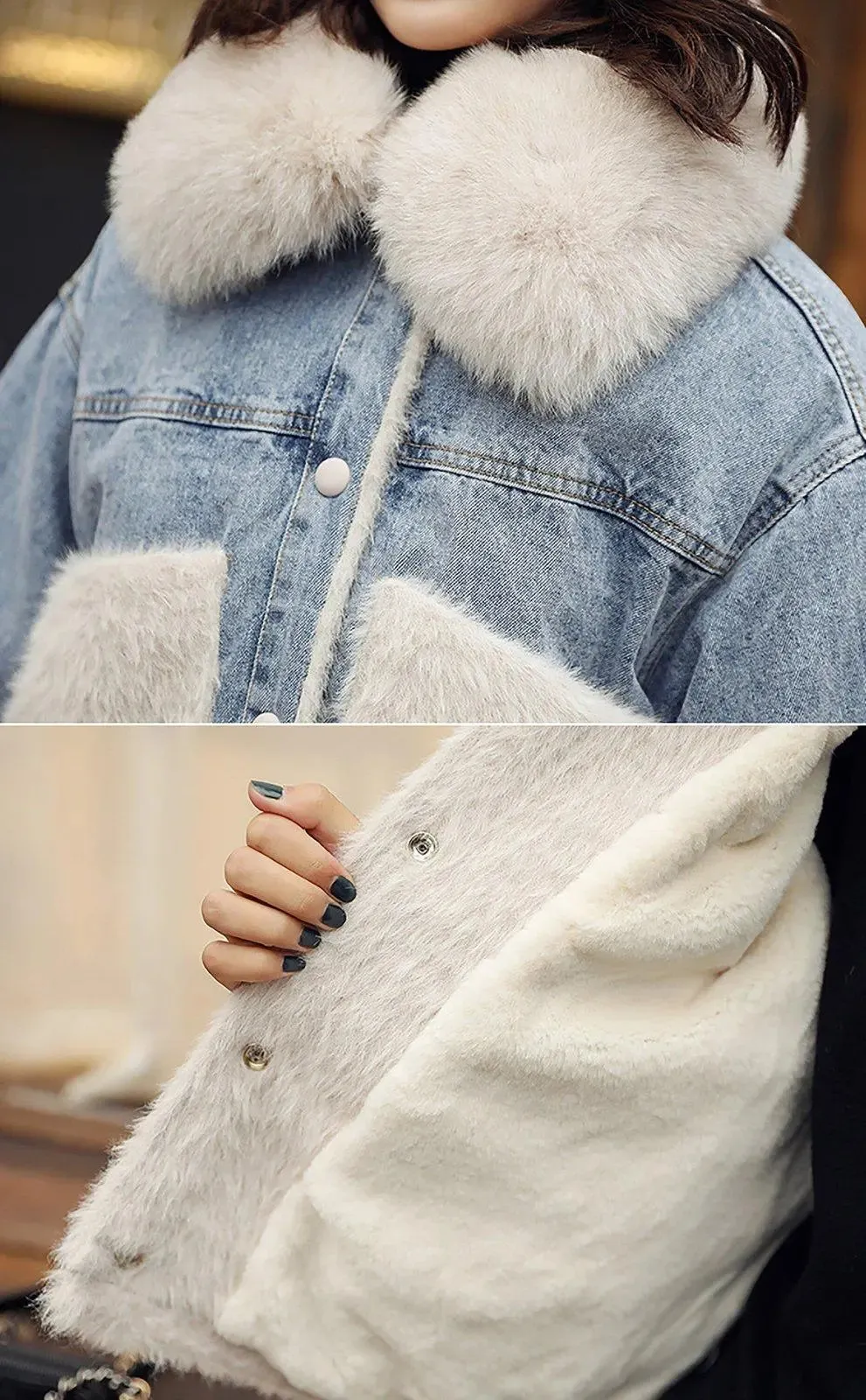 Women's Fox Fur collar Denim Jacket,Women Thermal Coat Faux Fur Lined Denim Jacket,Winter Faux Fur Coat,Relaxed Fit Jacket Coat,Denim Coat