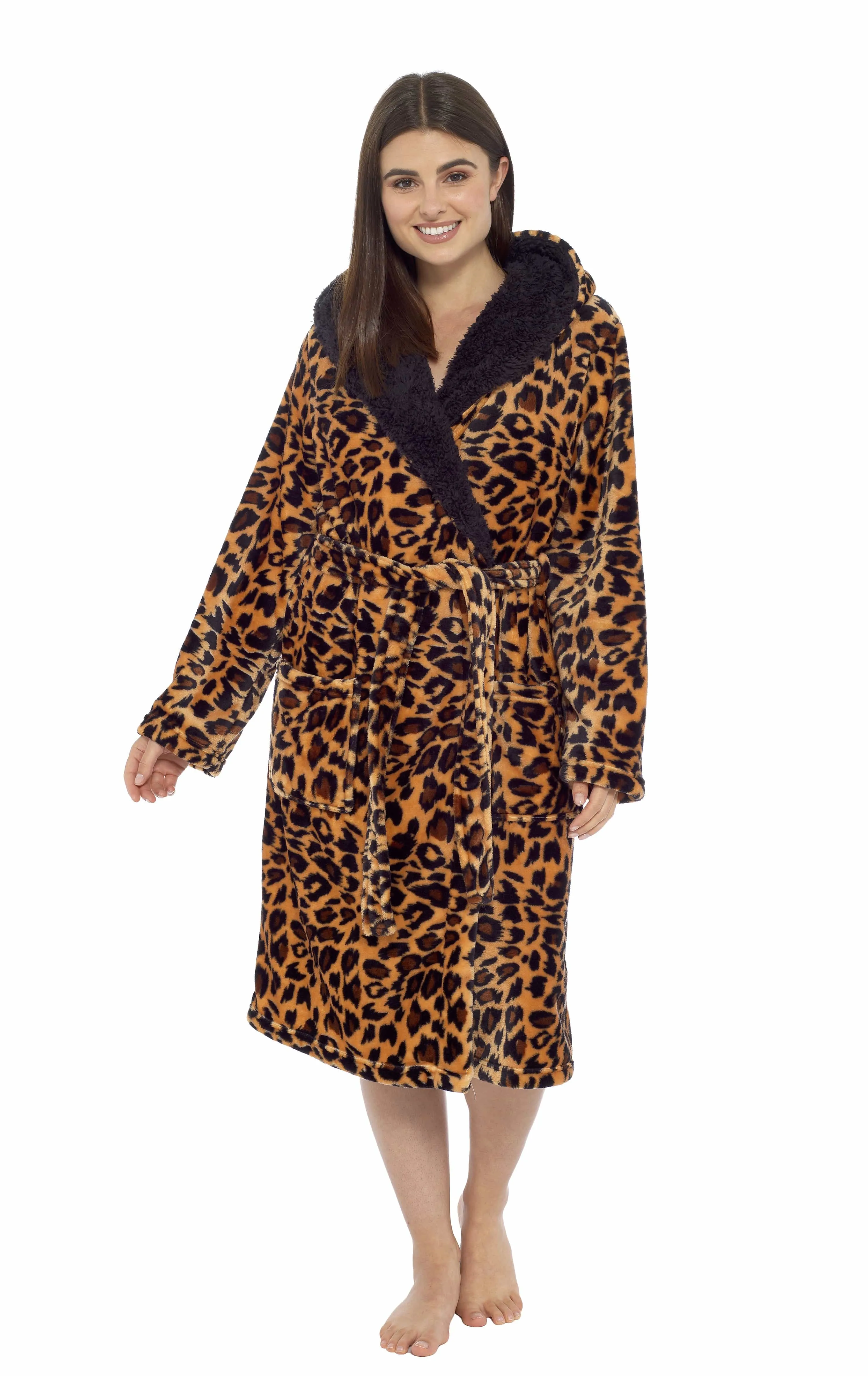 Women's Leopard Plush Fleece Hooded Robe with Sherpa Lining Warm Nightwear UK Sizes 8-22 by Daisy Dreamer