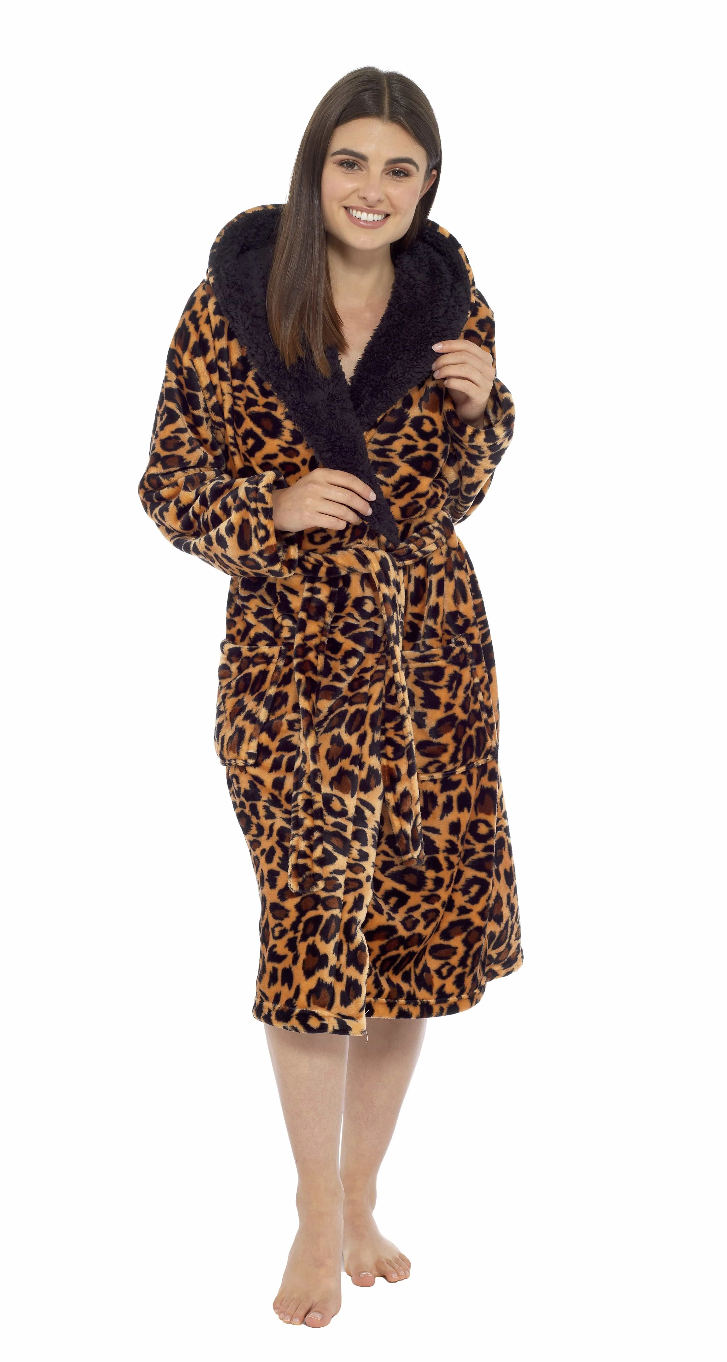 Women's Leopard Plush Fleece Hooded Robe with Sherpa Lining Warm Nightwear UK Sizes 8-22 by Daisy Dreamer