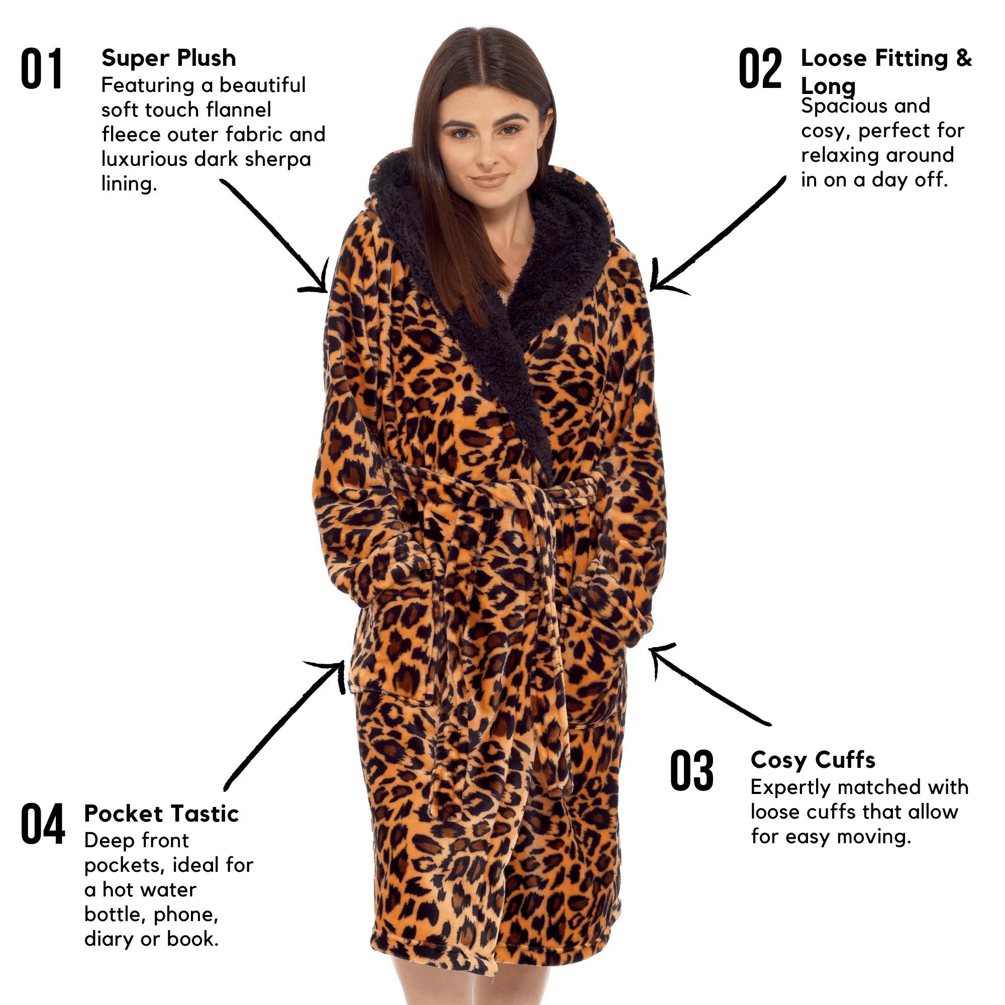 Women's Leopard Plush Fleece Hooded Robe with Sherpa Lining Warm Nightwear UK Sizes 8-22 by Daisy Dreamer