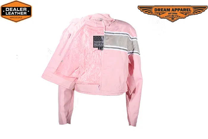 Women's Light Pink Lightweight Racer Style Textile Jacket W/ Thick White Stripe