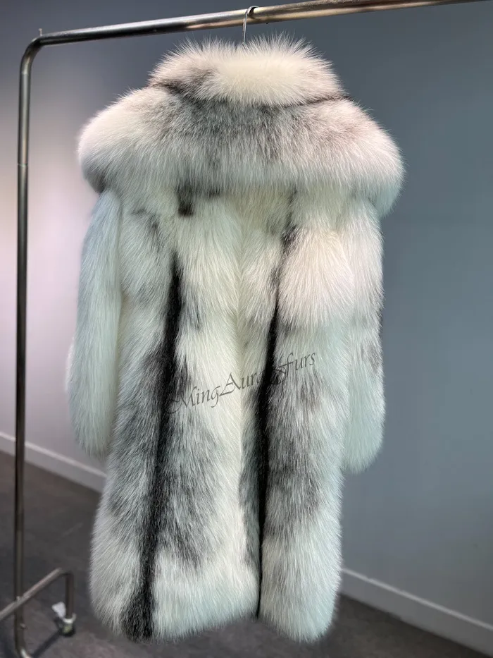 Women's Long Fox Fur Coat -  Artic Marble Frost Fox and Mink - G0023