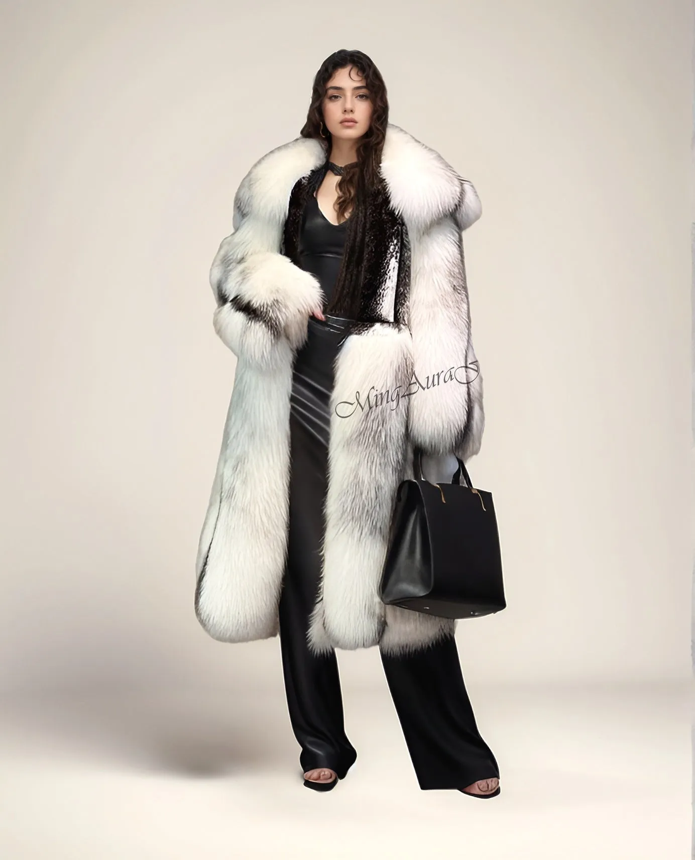 Women's Long Fox Fur Coat -  Artic Marble Frost Fox and Mink - G0023