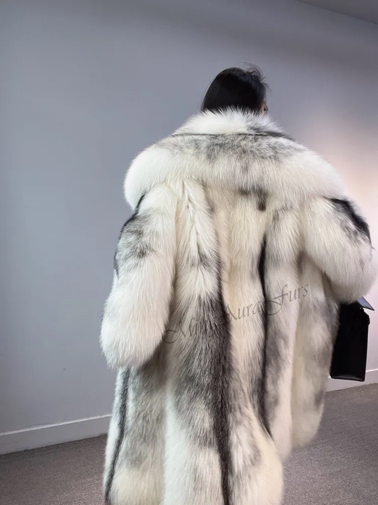 Women's Long Fox Fur Coat -  Artic Marble Frost Fox and Mink - G0023