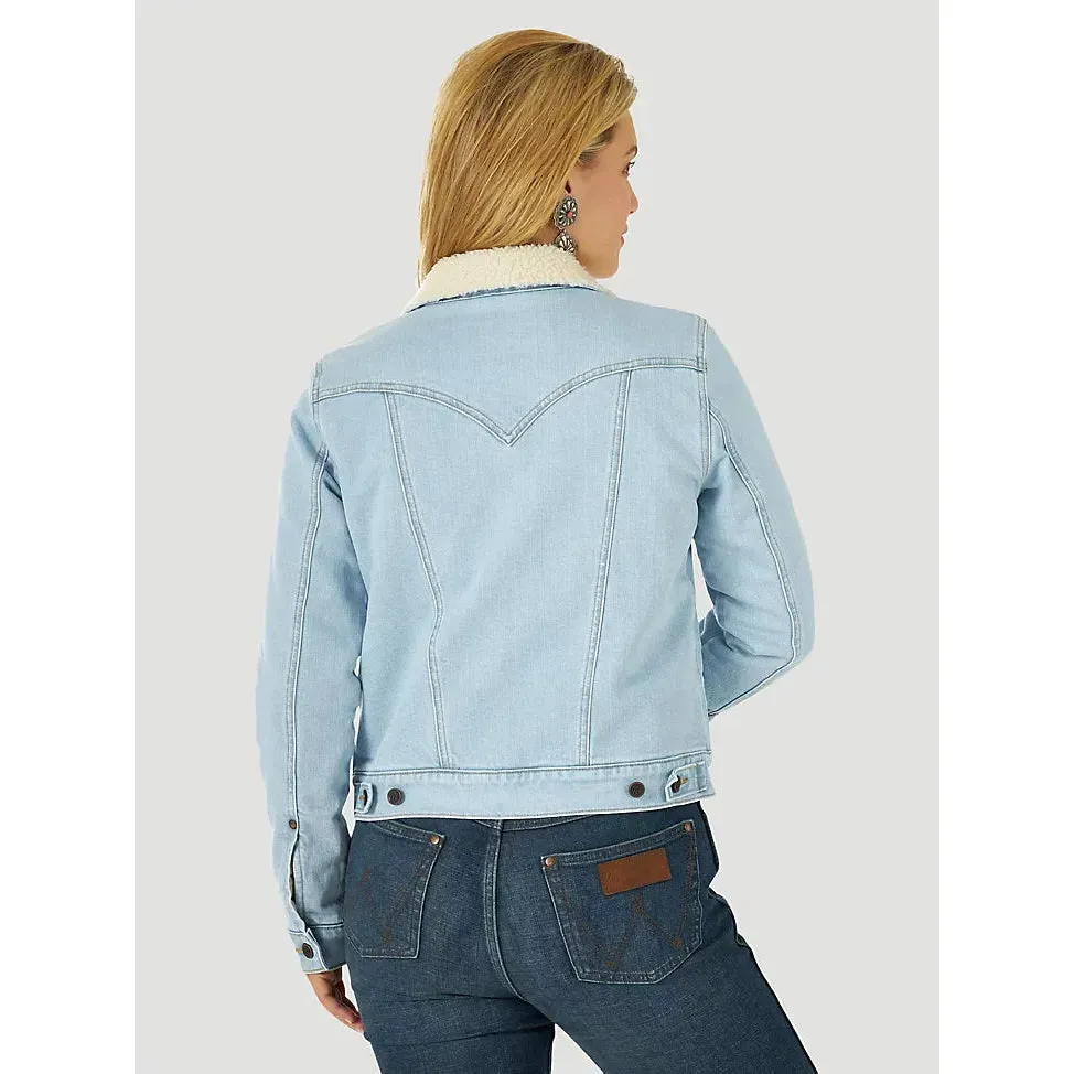 WOMEN'S WRANGLER RETRO® SHERPA LINED WESTERN DENIM JACKET IN BLEACHED DENIM