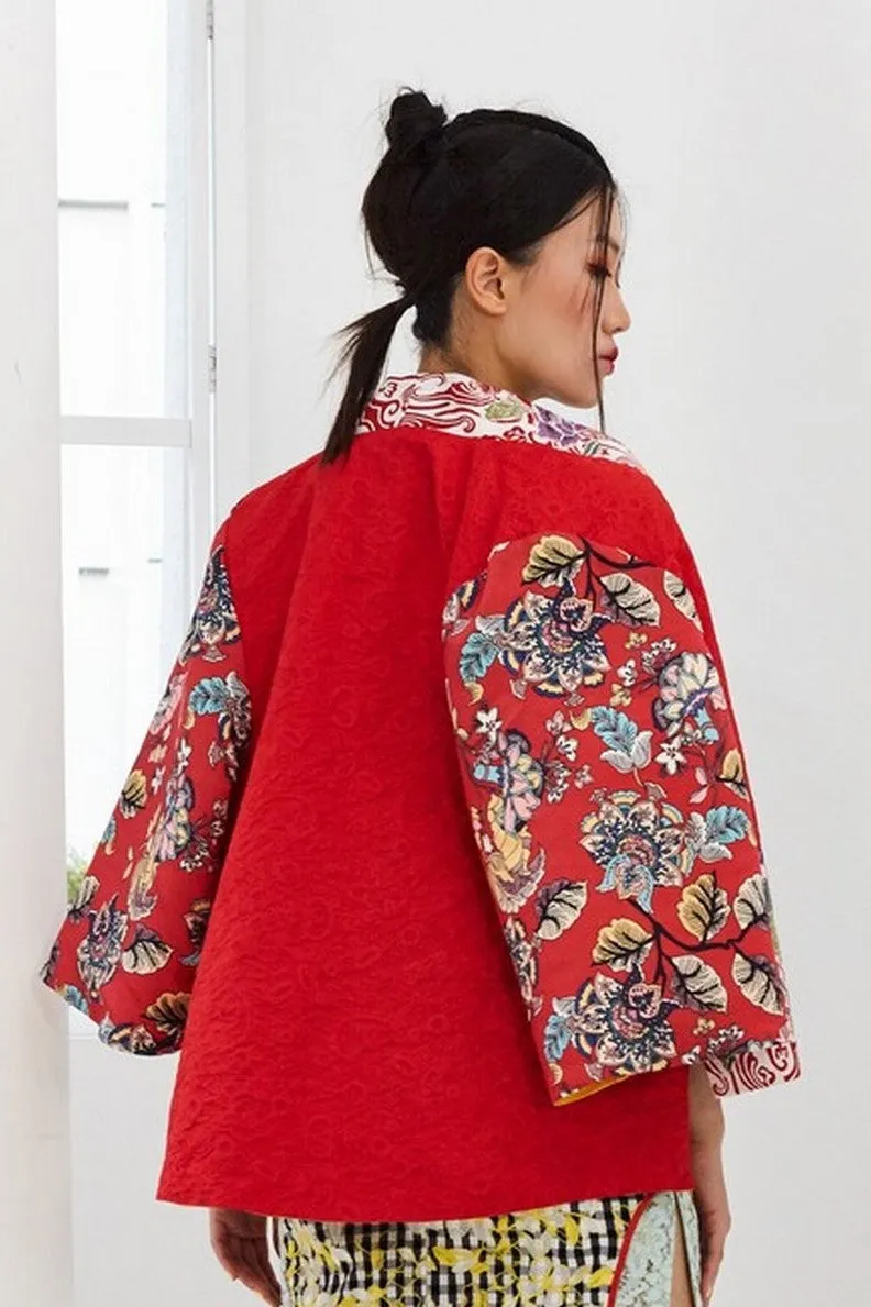 YELLOW COTTON, MIX BATIK AND RED PRINTED SATIN - REVERSIBLE SHAWL JACKET - MULTI